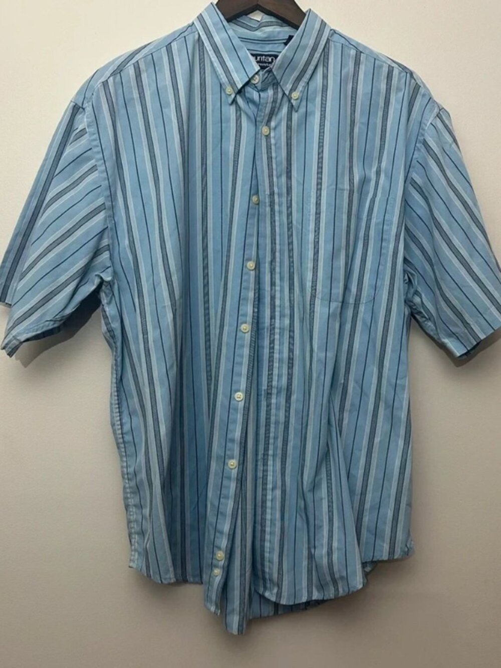 Puritan Wrinkle Resistant Men’s Large Blue Stripe Short Sleeve Button Down Shirt